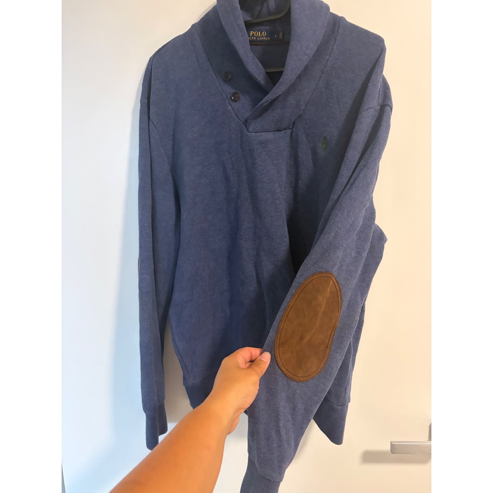 Polo Ralph Lauren Mens Shawl Collar Sweater Blue Elbow Patches Large Pullover